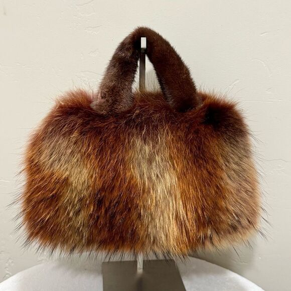 Brown Gradient Real Raccoon Fur & Fur Handles Satchel Bag/Crossbody - Picture 1 of 17